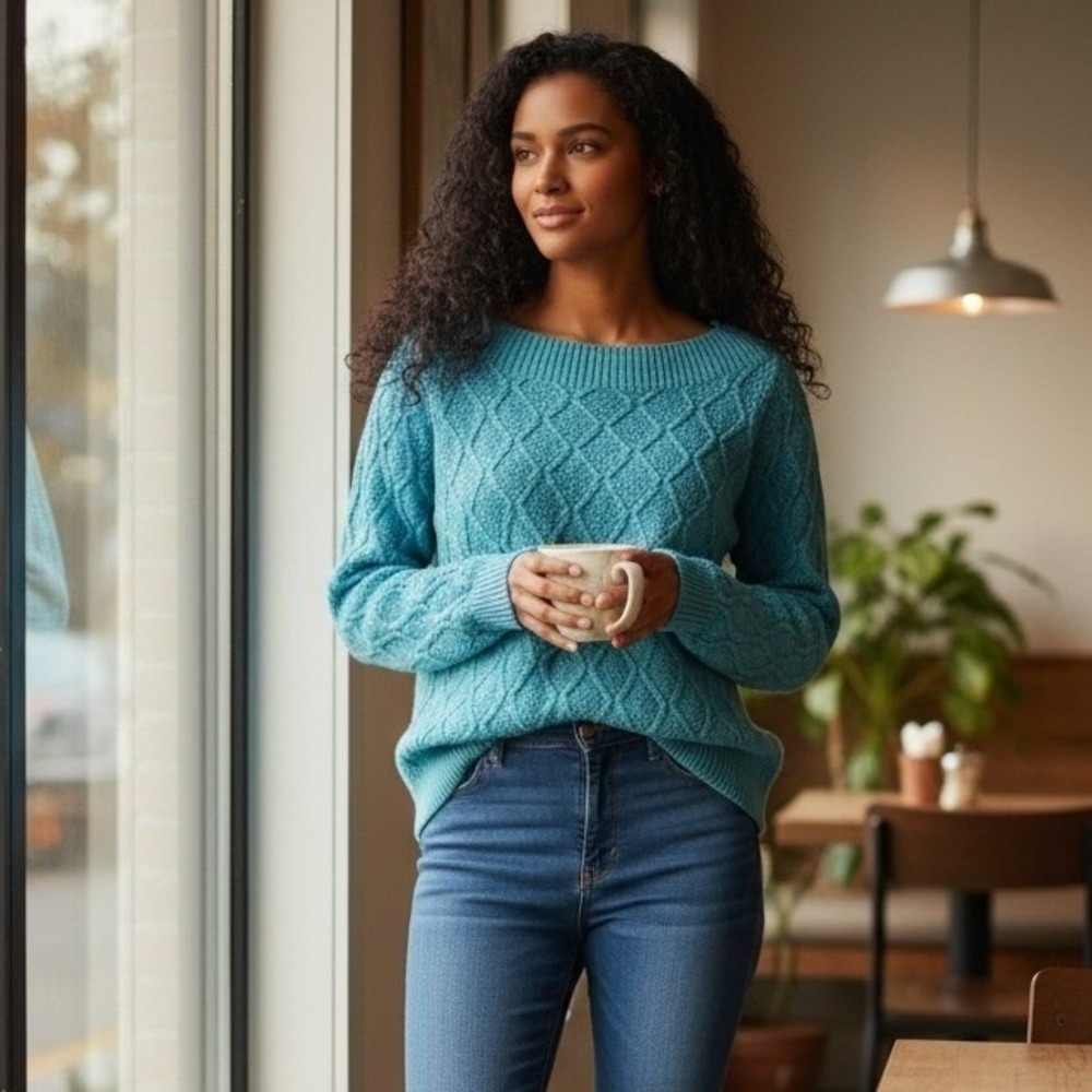 Croft&Barrow Cable Knit Sweater XL Teal Blue Diamond Pullover Layering Fall